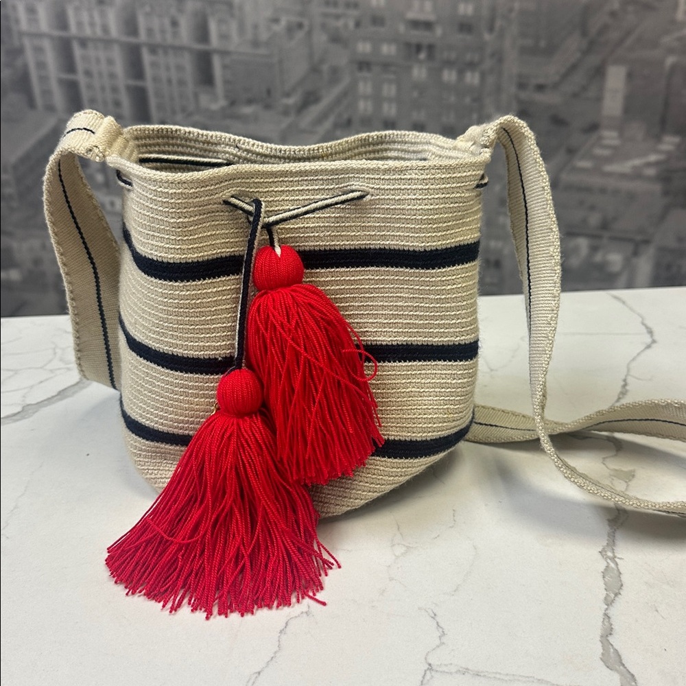 LOMBIA Wayuu Crochet Crossbody Bag Purse Nautical Beige Navy stripes Red Tassels